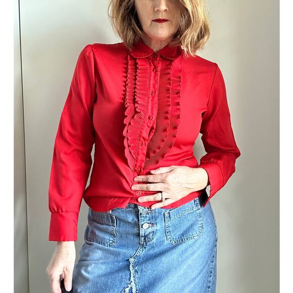 Vintage 70s Red Tuxedo Blouse Womens Size Small Romantic Ruffle Detail - Picture 1 of 8